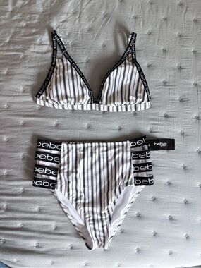 Bebe Sporty White and Black Stripe Bikini Bottoms Triangle Cut Out High Rise